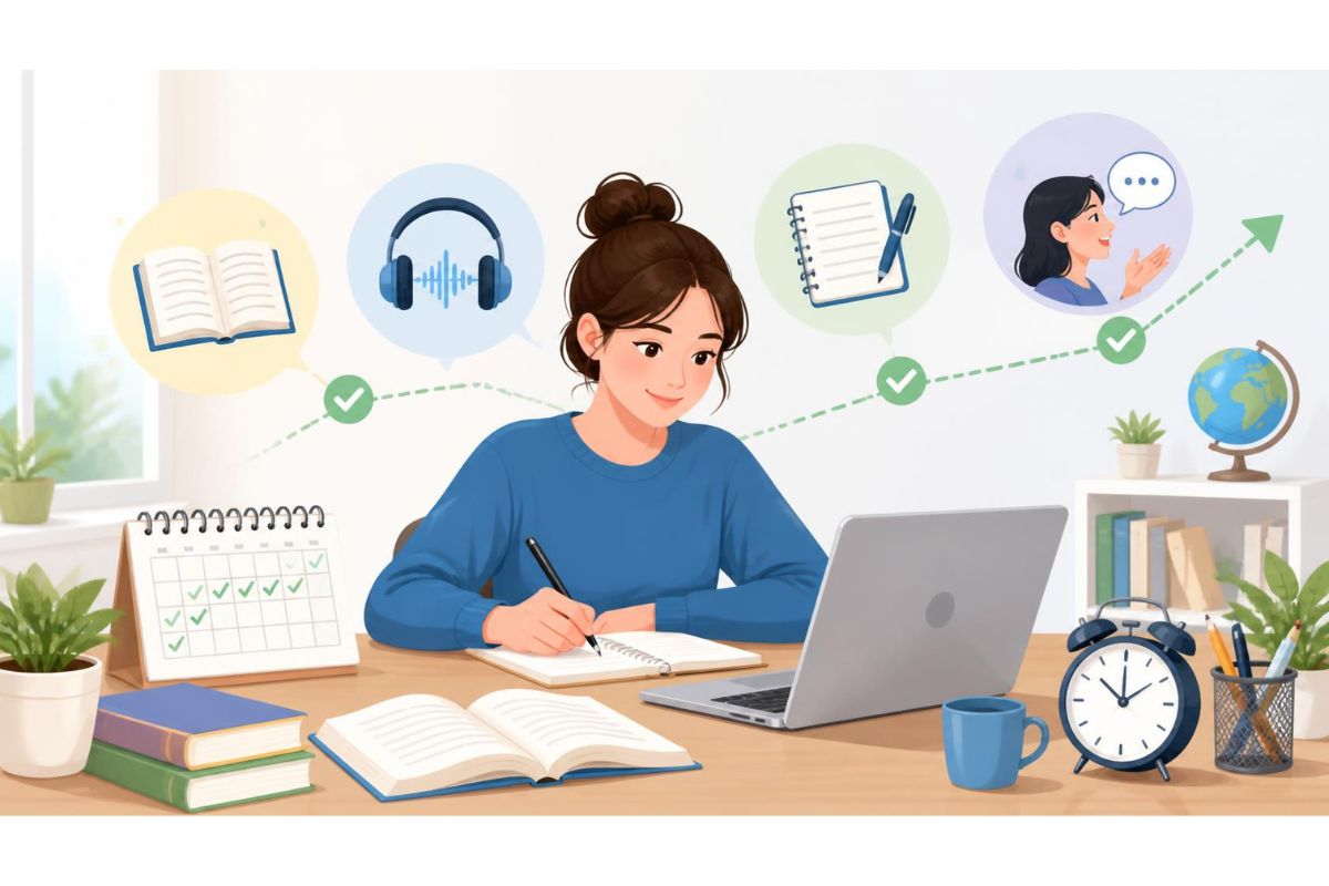 English learner following a daily English practice routine