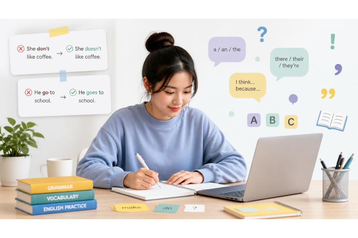 Beginner learning English and correcting common mistakes