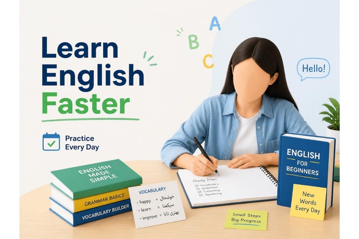 Beginner learning English with books and study notes