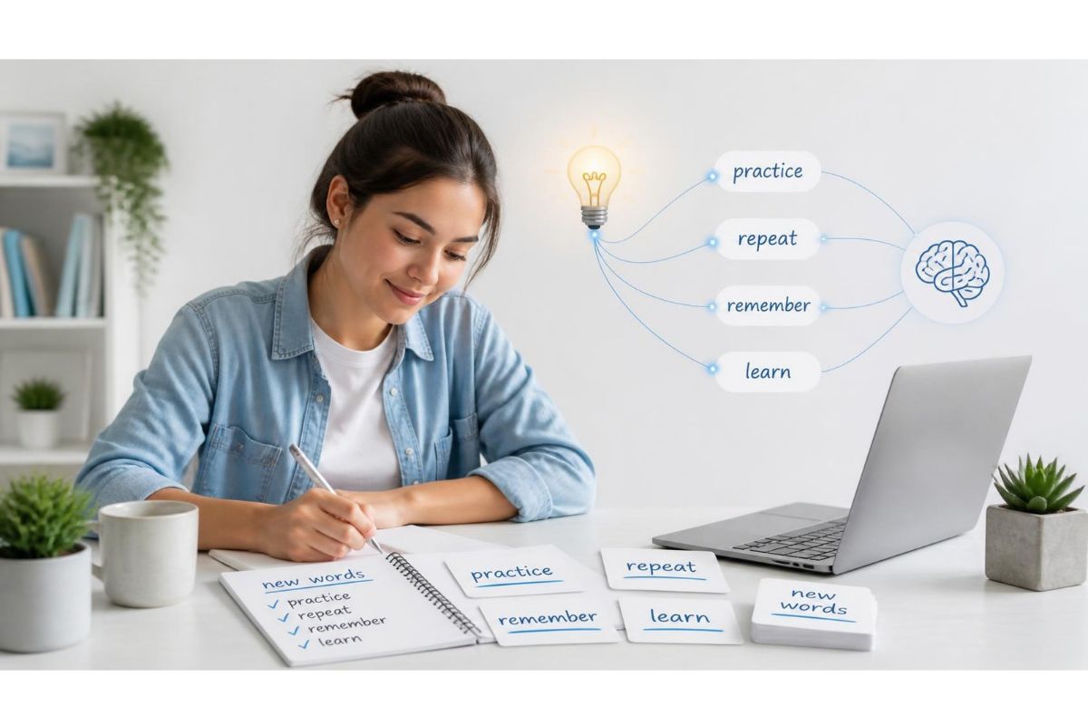English learner studying methods to remember new English words