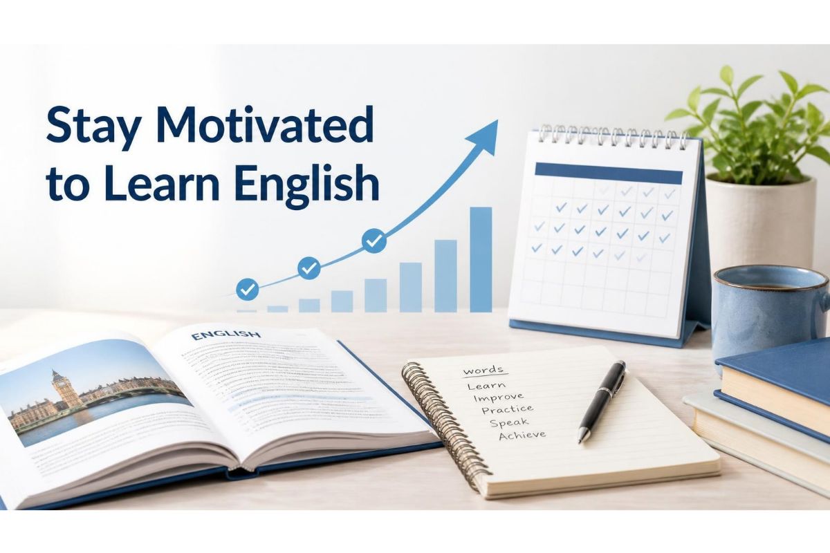 English learning books and a daily checklist for staying motivated